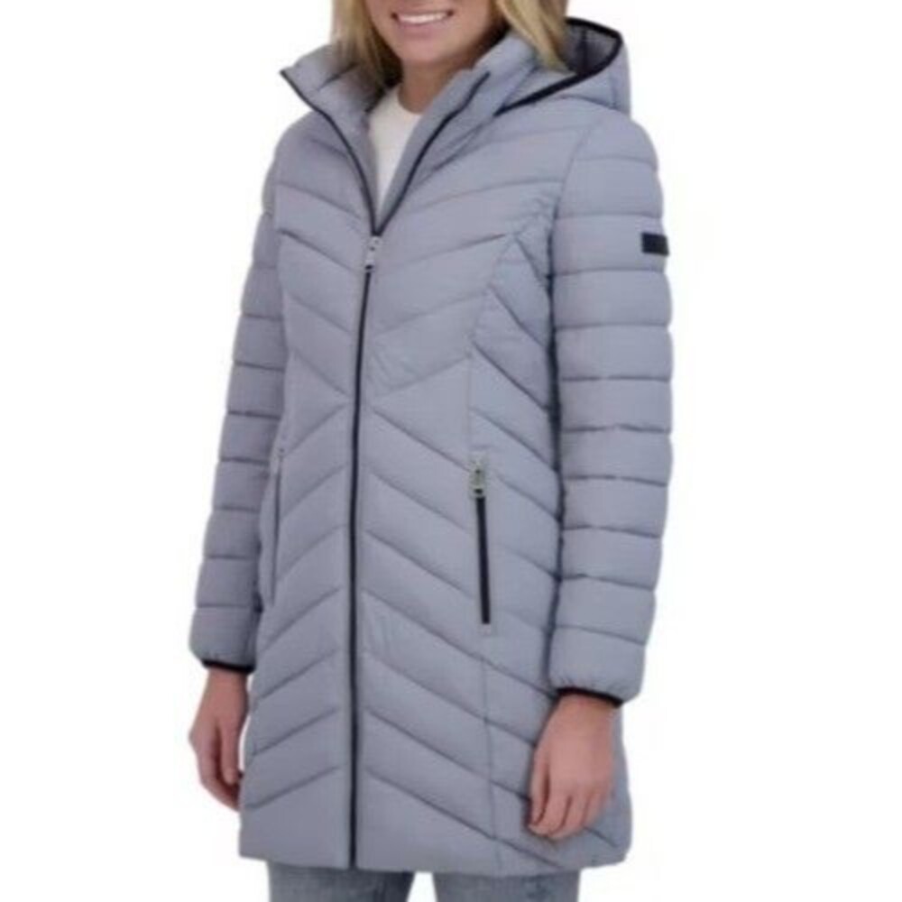 DKNY Womens Hooded Down Coat M Gray Quilted Puffer Jacket Water Resistant NWT - Picture 2 of 3